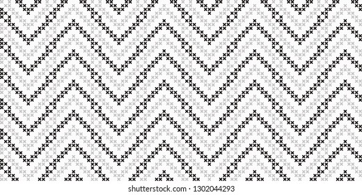 Monochrome cross stitch herring bone ornament. Allover vector pattern for fabric, apparel textile, interior design, linen napkin, kitchen tablecloth. Exotic Nordic native motif in black, white colours