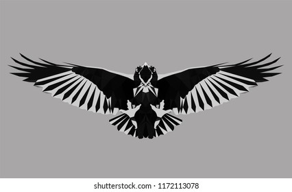 Monochrome crow. Low poly triangular 
raven in flight on grey background, symmetrical vector illustration EPS 8 isolated. Polygonal style trendy modern logo design. Suitable for printing on a t-shirt.