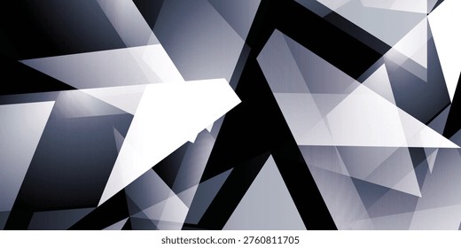 Monochrome Crystal Polygon Background with Layered Geometric Shapes and Modern Abstract Design. This abstract background features overlapping translucent black, white and gray polygons arranged in a crystalline geometric composition. The sharp angles, layered shapes and subtle gradients create depth, contrast and a sleek modern aesthetic. The interplay of light and shadow gives the artwork a refined, glass‑like appearance, making it ideal for technology themes, branding, presentations, digital interfaces or creative projects requiring a clean contemporary backdrop. Perfect for geometric layouts and minimalist abstract design.