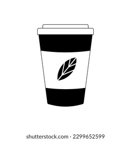 Monochrome cup of tea isolated on white background. Black and white drink with leaf. Flat simple icon. Minimalistic vector illustration