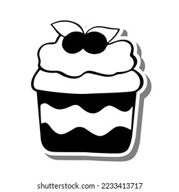 Monochrome cupcake with cherry on white silhouette and gray shadow. Vector illustration for decoration or any design.