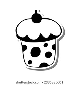Monochrome Cupcake with Cherry on white silhouette and Gray shadow. Vector illustration for decoration or any design.