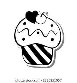 Monochrome Cupcake with Heart and Cherry on white silhouette and Gray shadow. Vector illustration for decoration or any design.