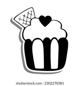 Monochrome Cupcake with Wafer and Heart on white silhouette and Gray shadow. Vector illustration for decoration or any design.