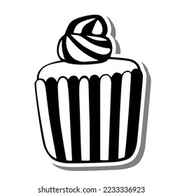 Monochrome cupcake with whipped cream on white silhouette and gray shadow. Vector illustration for decoration or any design.
