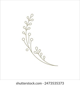 Monochrome curved tree branch with berries hand drawn linear decor element for design vector illustration. Natural twig with stem berry organic plant botanical minimalist contoured simple decoration