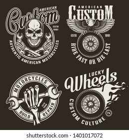 Monochrome custom motorcycle emblems with skull eagle moto wheels skeleton hands holding wrenches in vintage style isolated vector illustration