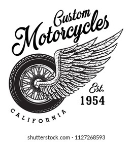 Monochrome custom motorcycle logotype with winged motorbike wheel in vintage style isolated vector illustration
