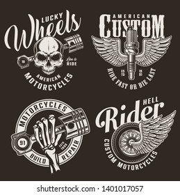 Monochrome custom motorcycle logotypes with skull engine pistons winged motorbike wheel and spark plug in vintage style isolated vector illustration