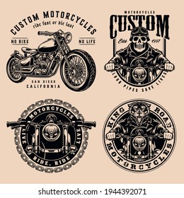Monochrome custom motorcycle prints in vintage style with aggressive panther and skeleton bikers and motorbikes on light background isolated vector illustration