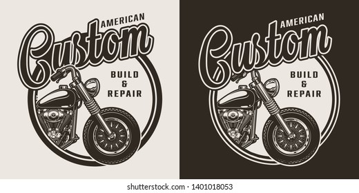 Monochrome custom motorcycle round label with chopper in vintage style isolated vector illustration