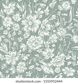Monochrome cute floral seamless pattern with daisies, briar and wild flowers 