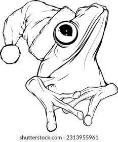 monochrome Cute frog with Christmas hat. vector illustration