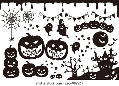 Monochrome cute halloween illustration set