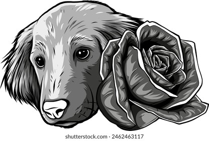 monochrome Cute little Golden Retriever with floral illustration