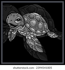 Monochrome Cute sea Turtle mandala arts. svg
