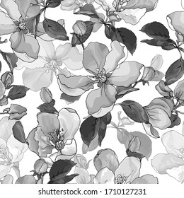 Monochrome cute seamless floral pattern with gray flowers cherry, blooming sakura or apple blossom and leaves on white background. Black and white. Hand drawn.  Vintage. Vector stock illustration.