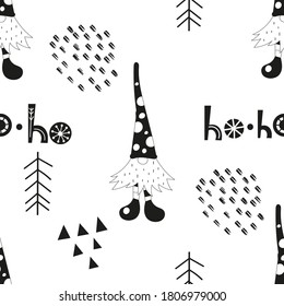 Monochrome cute seamless pattern for Christmas design and X-mas goods. Scandinavian style. Christmas gnomes and lettering ho-ho-ho. Vector illustration. Pattern is cut, no clipping mask.