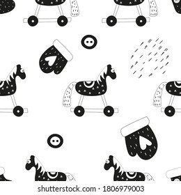 Monochrome cute seamless pattern for Christmas design and X-mas goods. Scandinavian style. Christmas mittens and wooden horses. Vector illustration. Pattern is cut, no clipping mask.