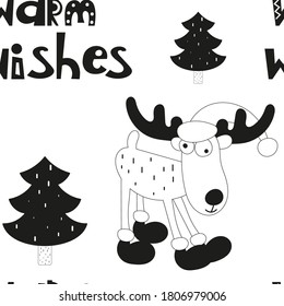 Monochrome süße nahtlose Muster für Weihnachtsdesign und Weihnachtsartikel. Skandinavischer Stil. Nordische lustige Rentiere, Bäume und Schriften. Vektorgrafik. Das Muster wird geschnitten, keine Schnittmaske.