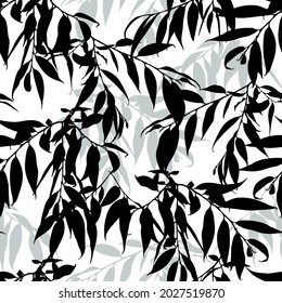 Monochrome cute seamless pattern with willow sprigs. Black and white leaves background. Vector illustration.