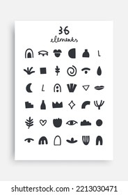 Conjunto monocromo lindo de 36 elementos abstractos dibujados a mano - formas, trazos, garabatos, flores, ojos, labios, puntos. Elementos de diseño chilenos y modernos. Textura vectorial