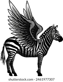 monochrome Cute zebra with wings. Isolated animal. Sketch scratch board imitation. Black and white. Engraving vector illustration