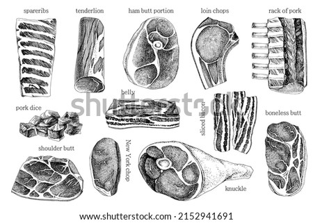 Monochrome cutting pork meat elements set