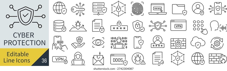 Monochrome Cyber Security Line Icon Set – Data Protection and IT Security Vector Collection