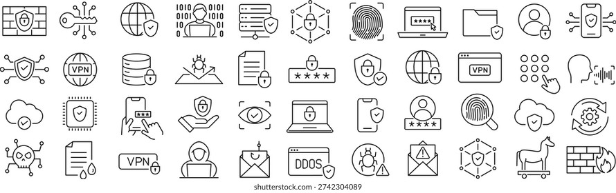 Monochrome Cyber Security Line Icon Set – Data Protection and IT Security Vector Collection