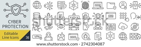 Monochrome Cyber Security Line Icon Set – Data Protection and IT Security Vector Collection