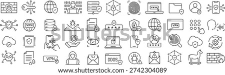 Monochrome Cyber Security Line Icon Set – Data Protection and IT Security Vector Collection