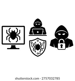 Monochrome cybersecurity icon set with hacker silhouette, malware bug on monitor, shield badge and padlock, ideal for security, infosec, ransomware and data breach visuals.