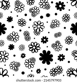 Monochrome Daisy Flowers Line on white background Seamless Pattern. Abstract art print. Design for paper, covers, cards, fabrics, interior items and any. Vector illustration.