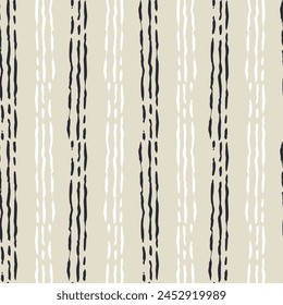 Monochrome dark blue and beige seamless pattern with organic sketchy stripes. Vintage folk background.