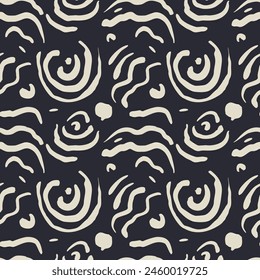 Monochrome dark blue and beige seamless pattern with organic sketchy shapes. Modern abstract background