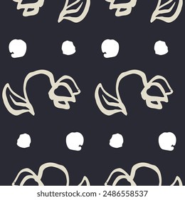 Monochrome dark blue and beige seamless pattern with sketchy dots and flowers. Vintage folk abstract stripes background