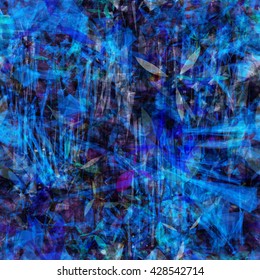 Monochrome dark blue. Grunge pattern. Acute-angled elements. Spots, scratches, stylized petals and leaves, lines, stripes, streaks. Mixed random.