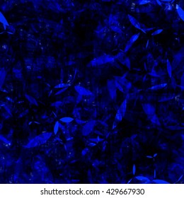 Monochrome dark blue. Grunge pattern. Acute-angled elements. Spots, scratches, stylized petals and leaves, lines, stripes, streaks. Mixed random.