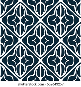 Monochrome dark blue seamless pattern on white. Repeated ornamental texture. Abstract background. Designed for prints, fabric, textile, napkin, decor and other.
