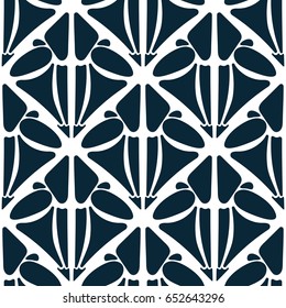 Monochrome dark blue seamless pattern on white. Repeated ornamental texture. Abstract background. Designed for prints, fabric, textile, napkin, decor and other.