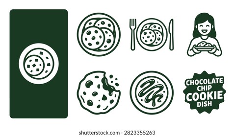 Monochrome Dark Forest Green American Chocolate Chip Cookie Dish Icon Set Featuring Flat Vector Illustrations of Cookie Plates, Cutlery, a Bitten Cookie, and Gourmet Dessert Plating Graphics.