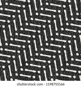 Monochrome Dashed And Dotted Graphic Motif Brushed Textured Background. Seamless Pattern.