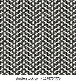 Monochrome Dashed And Dotted Herringbone Motif Variegated Textured Background. Seamless Pattern.