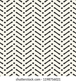 Monochrome Dashed And Dotted Herringbone Motif. Seamless Pattern.