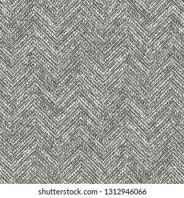 Monochrome Dashed Herringbone Grain Stroke Textured Background. Seamless Pattern.