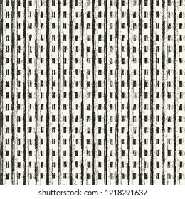 Monochrome Dashed And Striped Brushed Textured Distressed Background. Seamless Pattern.