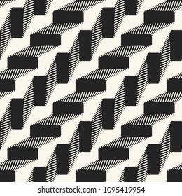 Monochrome Dashed Stroke And Block Motif. Seamless Pattern.