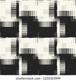 Monochrome Dashed Stroke Textured Blocks Distressed Background. Seamless Pattern.