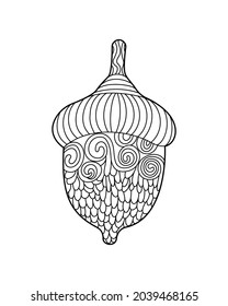 Monochrome decorative acorn. The autumn plant is decorated with a pattern. Design element for print, label, logo, packaging template. Coloring page. Vector outline illustration.